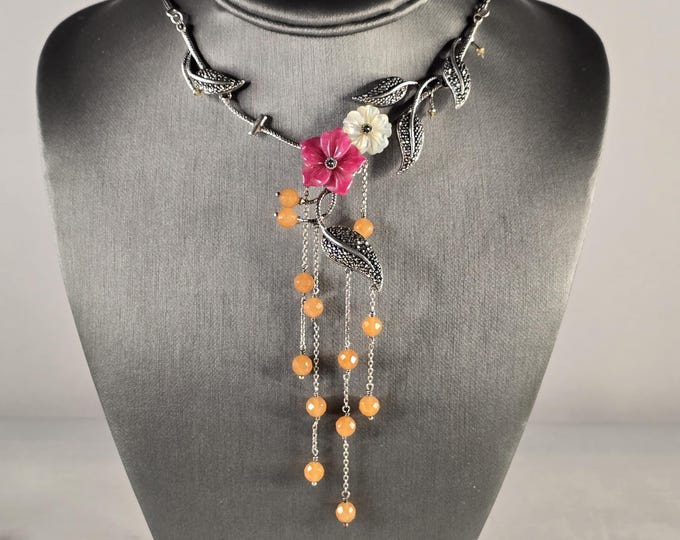 Womens Vintage Estate Sterling Silver Modernist Flower Necklace 33.4g E4329