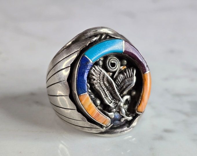 Mens Vintage Estate Sterling Silver Southwestern Turquoise Eagle Ring 17.3g E7469