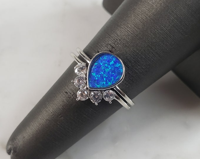 Womens Estate Sterling Silver Modernist Blue Opal & CZ Ring Set 2.7g E6452