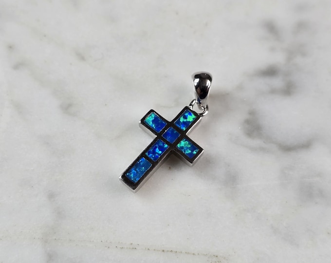 Womens Sterling Silver Blue Opal Religious Cross Pendant 1.8g E844