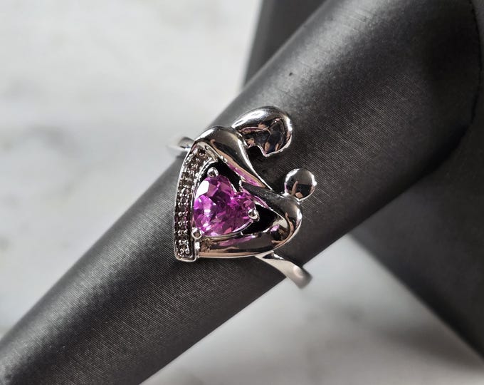 Womens Vintage Estate Sterling Silver Mother Child Heart Ring 3.9g E829