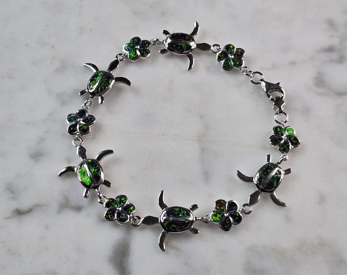 Womens Estate Sterling Silver Opal Sea Turtle Bracelet 10.1g E7301