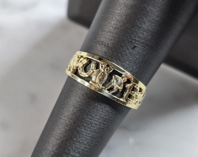 Womens Vintage Estate 14K Gold Lucky Elephant Horseshoe Clover Ring 2.2g E5469