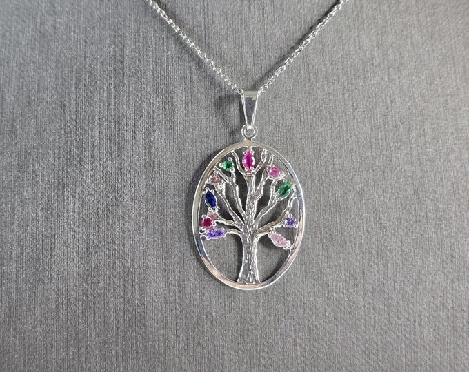 Womens Sterling Silver Multi Stone Tree Of Life Pendant Necklace 4.7g E5816