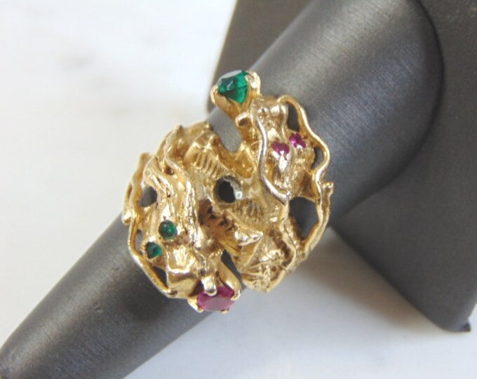 Womens Vintage Estate 14k Yellow Gold Ruby & Emerald Dragon Ring 15.3g E1014