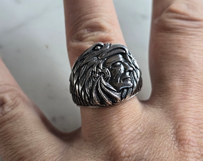 Mens Sterling Silver Eagle Chief Head Ring 11.9g E7838