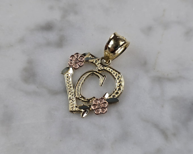 Womens 10K Yellow & Rose Gold Initial Letter " C "  Heart Pendant 0.9g E3173