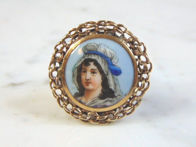 最終価格SALE 未使用14KTイタリー製　リング Vintage Estate 14K Gold Hand Painted Porcelain Ring 12.1g