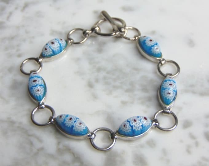 Womens Vintage Estate Sterling Silver Flower Millefiori Bracelet 18.7g E4592