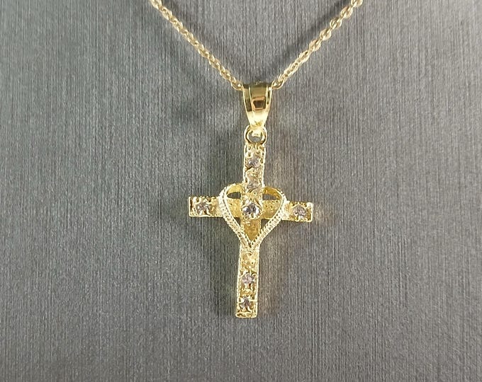 Womens Sterling Silver Gold Tone Religious Heart Cross Necklace 3.2g E6397