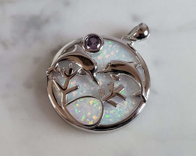 Womens Sterling Silver Opal Dolphin Pendant 5.3g E6383
