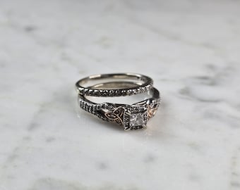 Damen Vintage Gut 10K Weiß & Rosegold Diamant Ring Set, 5.5g E1953