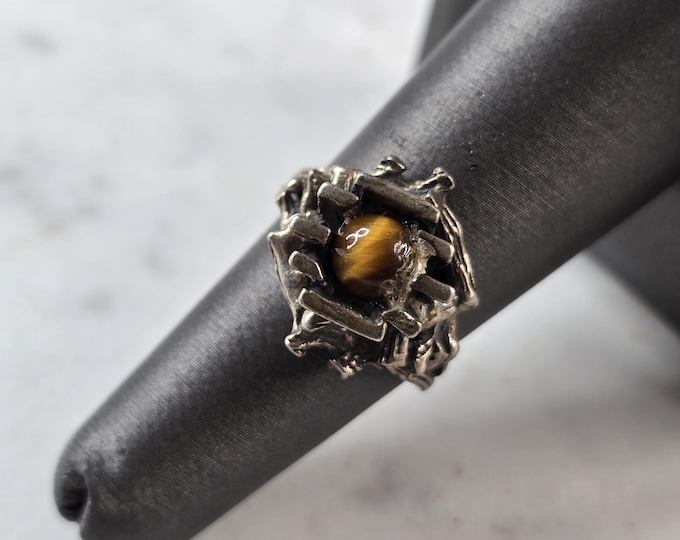 Womens Vintage Estate Sterling Silver Floral Tigers Eye Ring 4.9g E4117