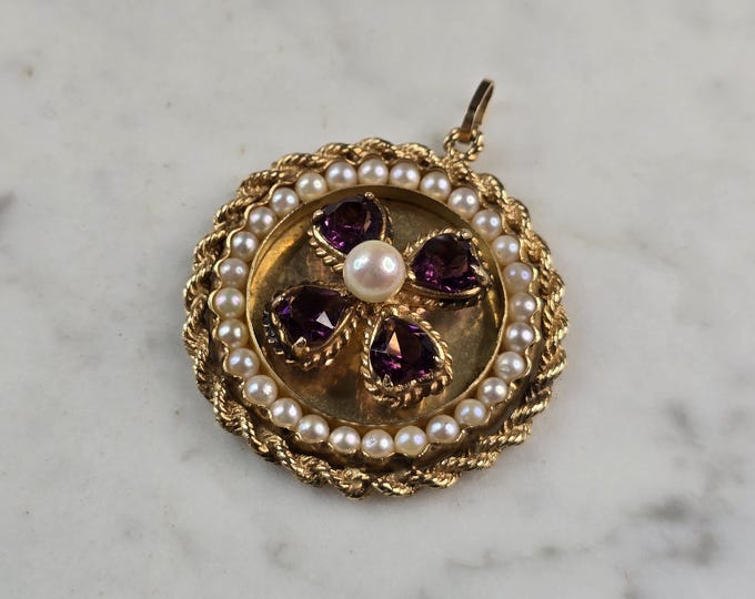 Womens Vintage Estate 14K Gold Amethyst & Pearl Pendant 16.2g #E5566