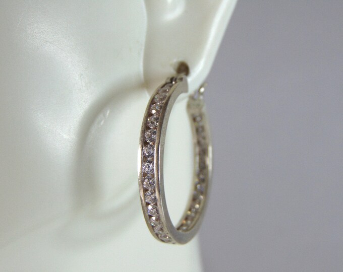 Womens Vintage Estate Sterling Silver CZ Hoop Earrings 5.5g E2578