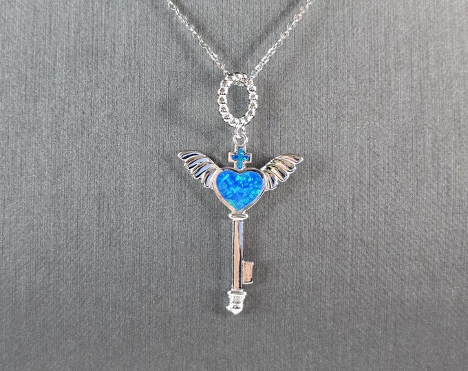 Womens Sterling Silver Blue Opal Winged Cross Heart Pendant Necklace 5.0g E3475