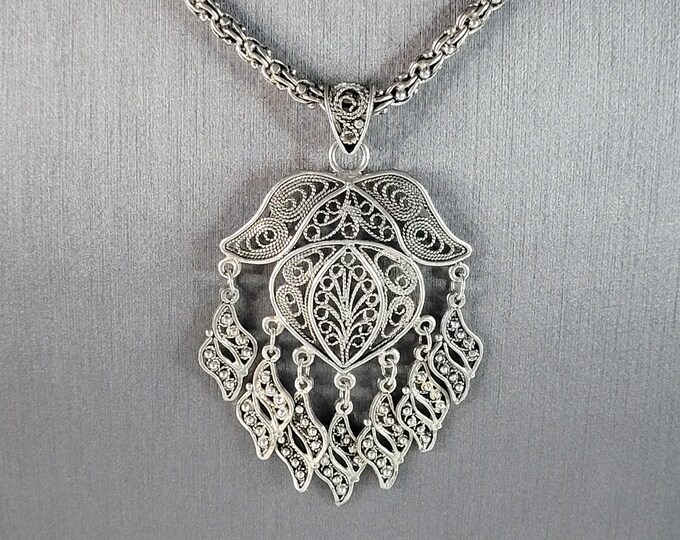 Womens Vintage Estate Sterling Silver Necklace w/ Filigree Pendant 33.8g #E6590