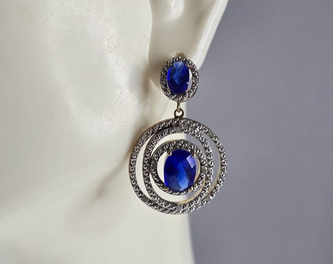 Womens Estate Sterling Silver Modernist Gold Tone Sapphire Earrings 8.0g E5891