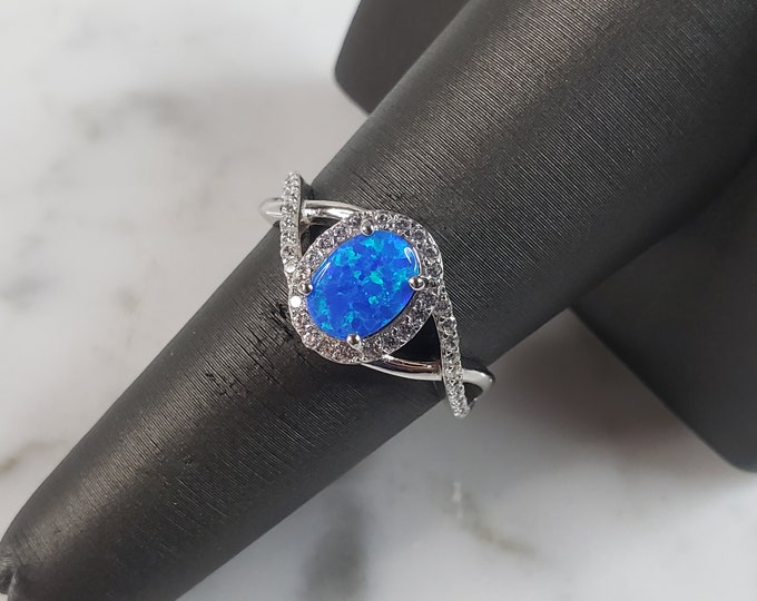Womens Estate Sterling Silver Modernist Blue Opal & CZ Ring 3.4g E5063
