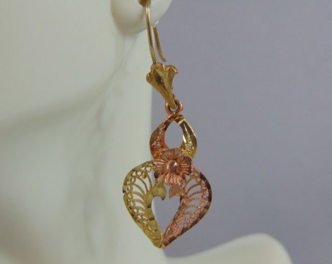 Pr of Vintage Estate 14K Yellow & Rose Gold Dangle Heart Flower Earrings 4.4g E2007
