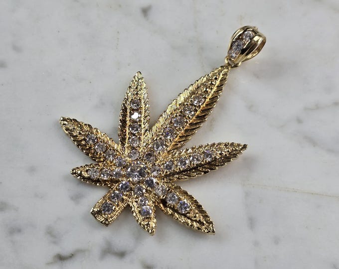 Vintage Estate 14K Yellow Gold CZ Marijuana Pot Leaf Pendant 15.5g E6816