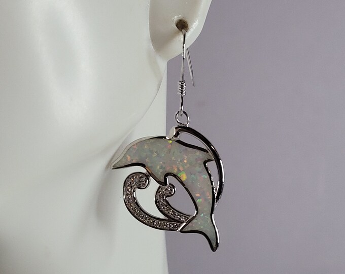 Womens Sterling Silver Modernist Opal Dolphin Earrings 6.7g E2874
