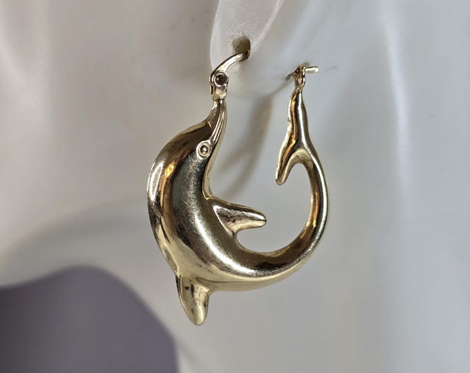 Womens Vintage Estate 14K Yellow Gold Hoop Dolphin Earrings 2.7g E1355