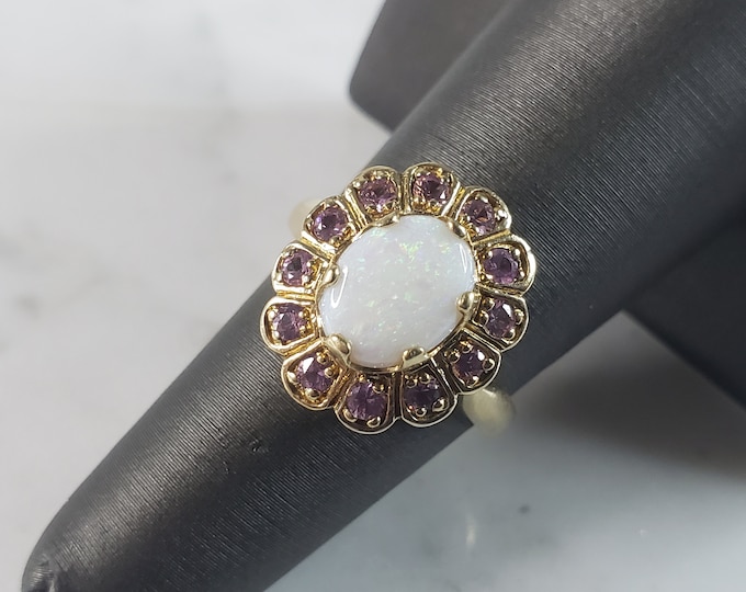 Womens Vintage Estate 10K Yellow Gold Opal Amethyst Ring 4.5g E6100