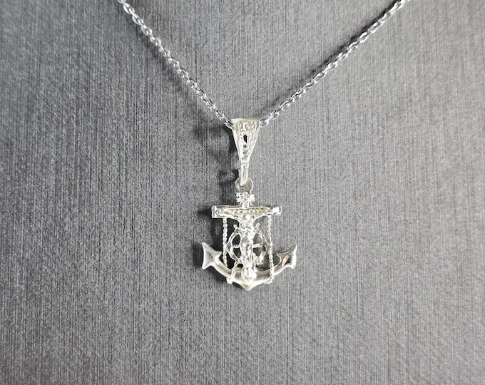 Vintage Estate Sterling Silver Maritime Jesus Anchor Pendant Necklace 3.1g E6714