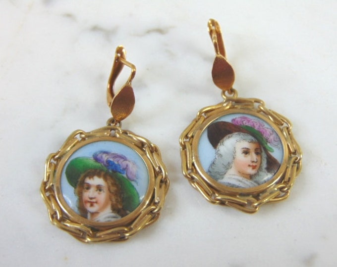 Vintage Estate 18K Gold Hand Painted Porcelain Earrings 12.4g E3026