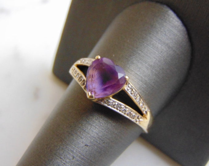 Womens Vintage Estate 10k Gold Diamond Amethyst Heart Ring 3.1g E3583