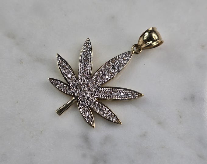 Blinged Out 14K Yellow Gold Marijuana Pot Leaf Pendant, 3.7g E843
