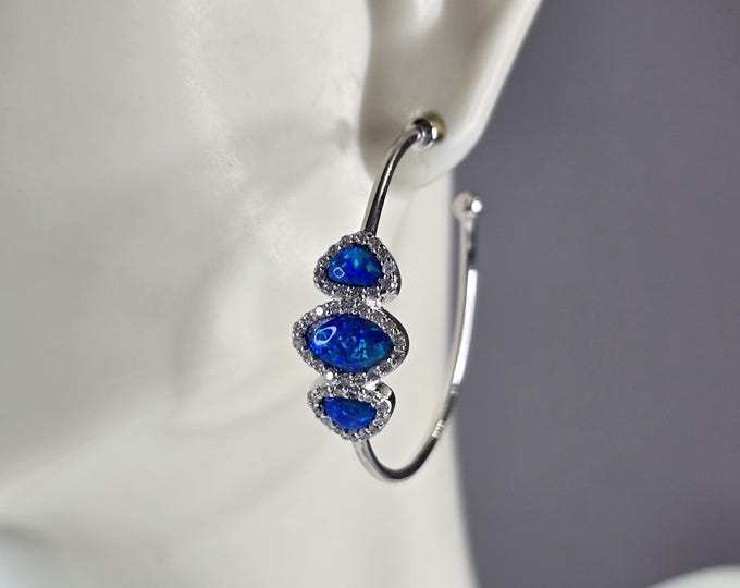 Womens Sterling Silver Modernist Blue Opal Hoop Earrings 4.9g E3153