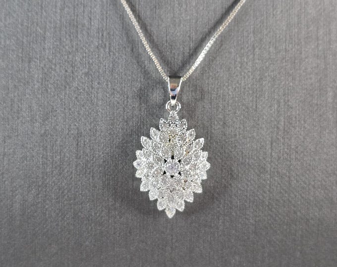 Womens Vintage Estate Sterling Silver Modernist CZ Pendant Necklace 6.6g E3534