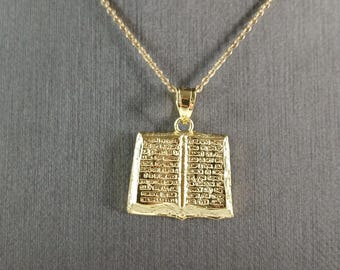 Sterling Silver Gold Tone Religious Holy Bible Pendant Necklace 3.7g E3676