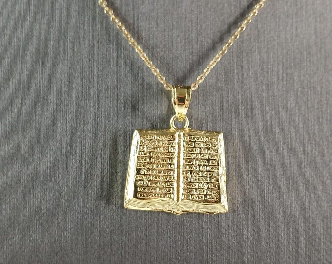 Sterling Silver Gold Tone Religious Holy Bible Pendant Necklace 3.7g E3676