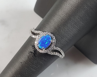 Womens Sterling Silver Modernist Blue Opal & CZ Ring 2.2g E5082