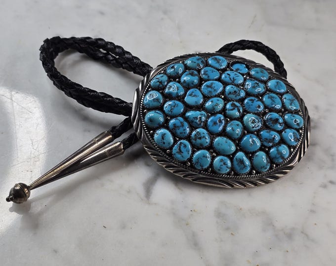 Southwestern Native American Sterling Silver Turquoise Spencer Bolo Tie E644