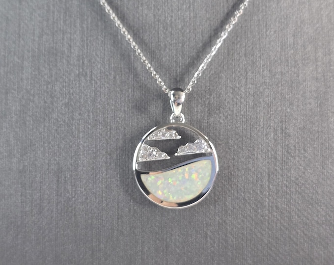 Womens Sterling Silver Opal Ocean Wave Cloud Pendant Necklace 5.7g E4661