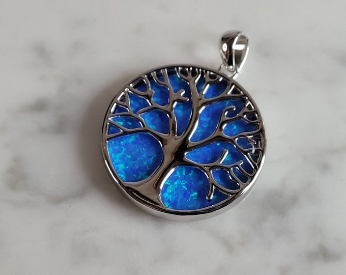 Womens Sterling Silver Blue Opal Tree of Life Pendant 6.2g E6001