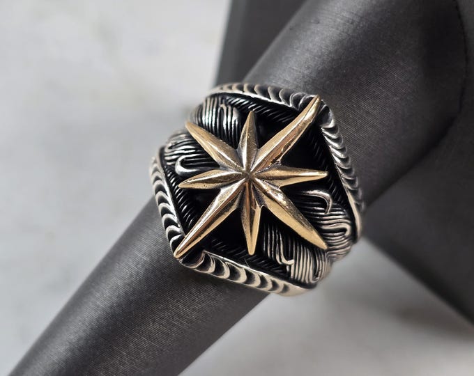 Mens Two Tone Sterling Silver North Star Compass Ring 11.5g E3018