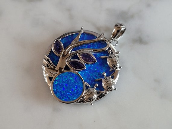 Womens Sterling Silver Blue Opal Baby Turtles Pen… - image 1
