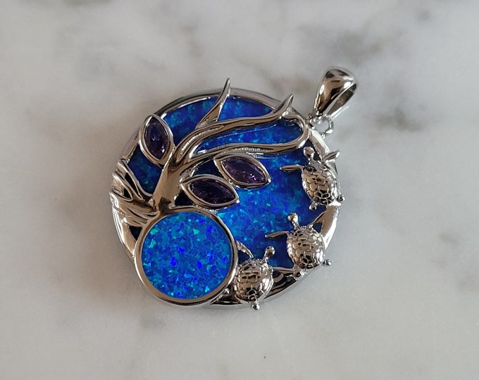 Womens Sterling Silver Blue Opal Baby Turtles Pendant 5.8g E6323