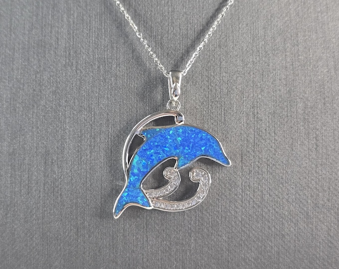Womens Sterling Silver Blue Opal Dolphin Pendant Necklace 6.7g E4665