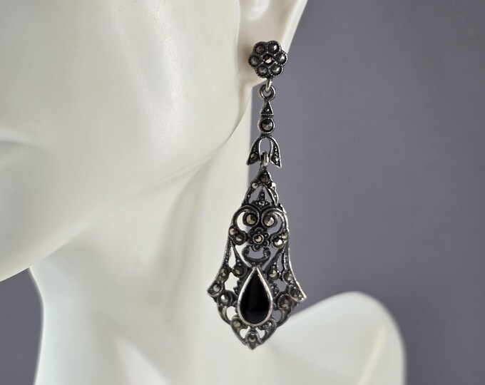 Pr of Womens Sterling Silver Onyx Dangle Earrings 9.0g E1442