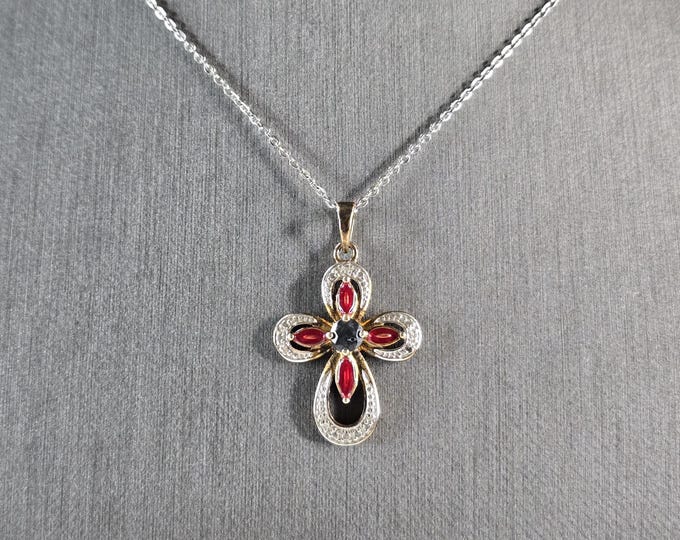 Womens Vintage Sterling Silver Enamel Sapphire Cross Pendant Necklace 2.8g E6603
