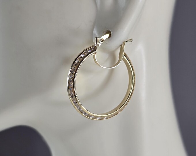 Womens 14K Yellow Gold CZ Hoop Earrings, 3.0g E3765