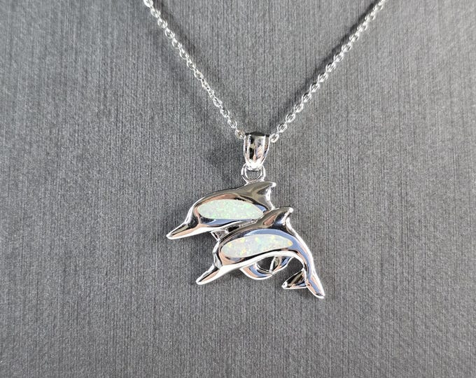Womens Sterling Silver Opal Dolphin Pendant Necklace 4.7g E3786