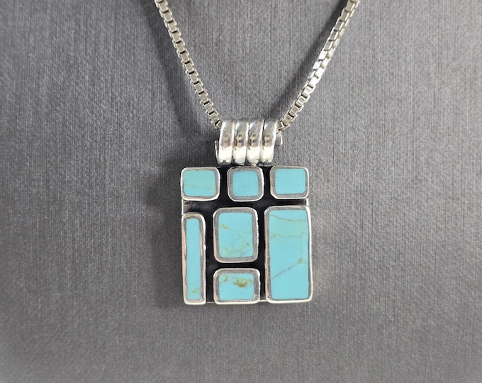 Womens Vintage Estate Sterling Silver Turquoise Pendant & Necklace 24.3g E1986