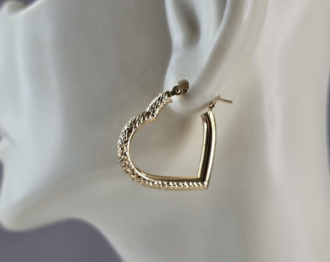 Pr Womens Vintage Estate 14K Yellow Gold Hoop Heart Earrings, 1.3g E5141